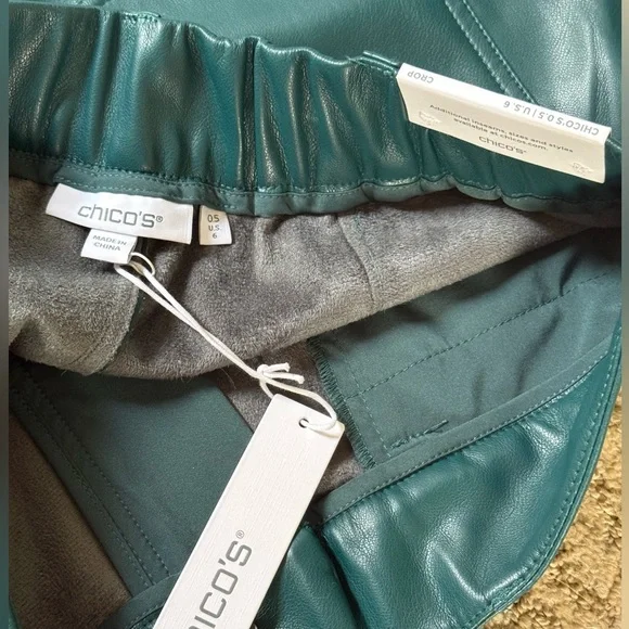 NWT-Chico's Fly Front Faux Leather Wide-Leg Cropped Pants dark green/teal color. - Picture 5 of 5